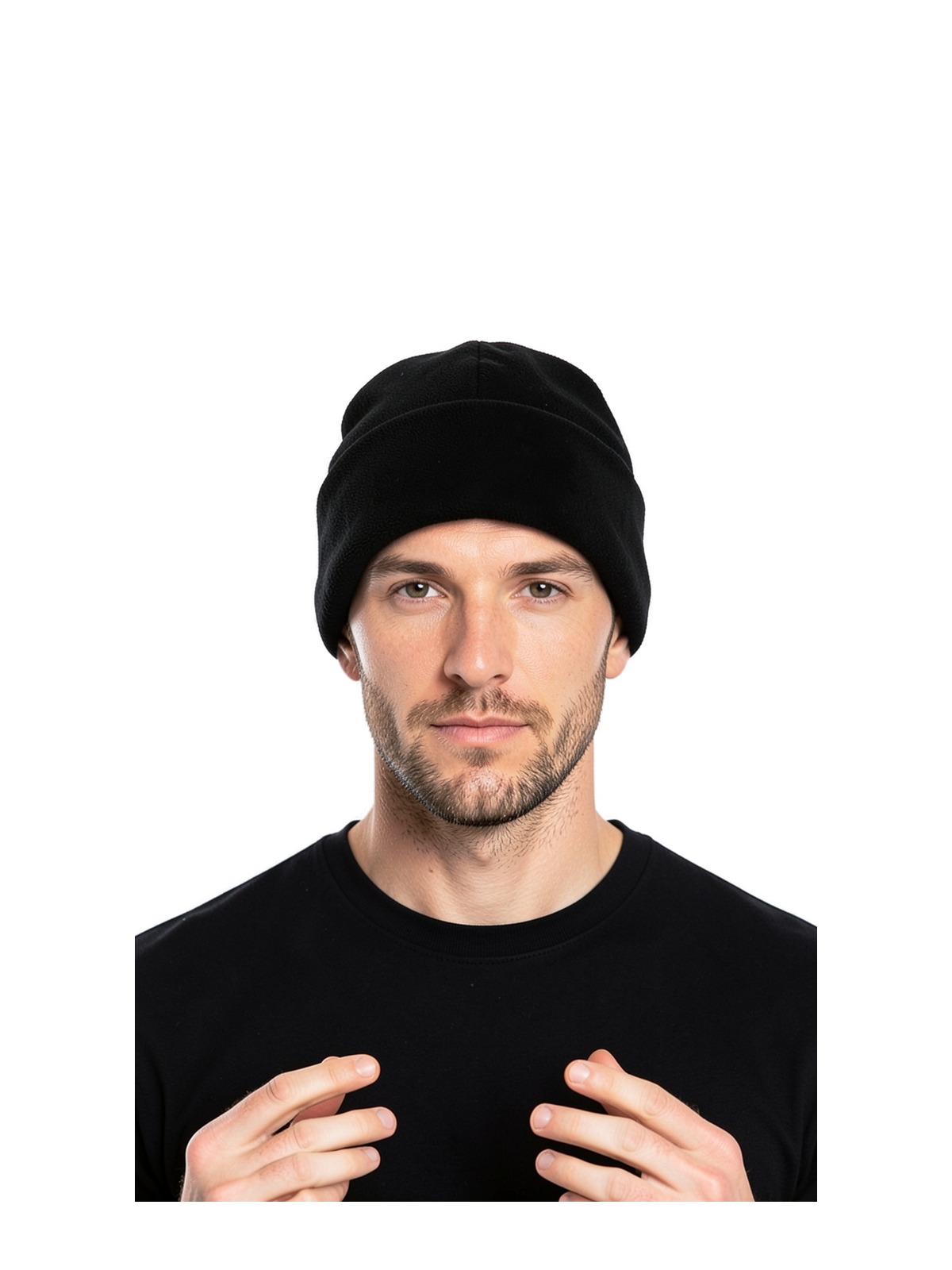 B243R - Recycled Fleece Cuffed Beanie — portada con modelo ajustada