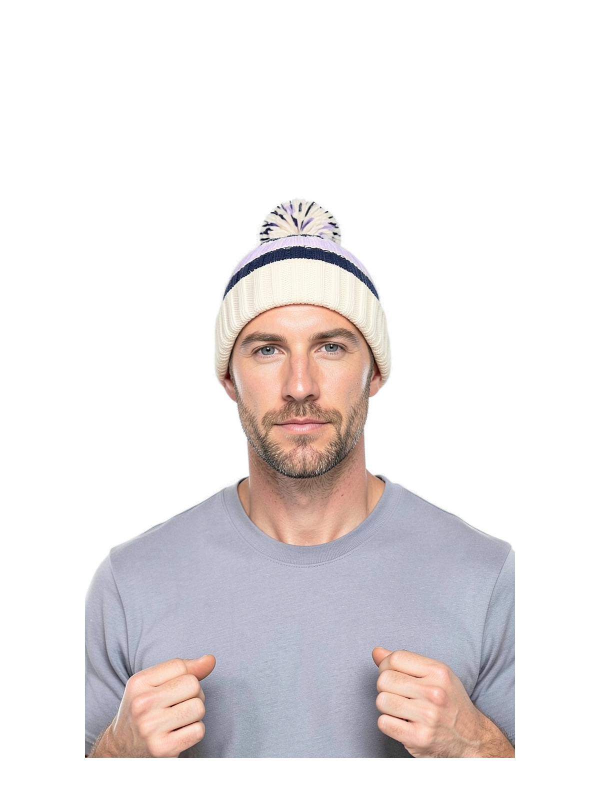 B392 - Hygge Striped Beanie — portada con modelo ajustada